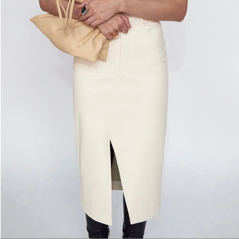 Zara Faux Leather Midi Skirt in Ecru